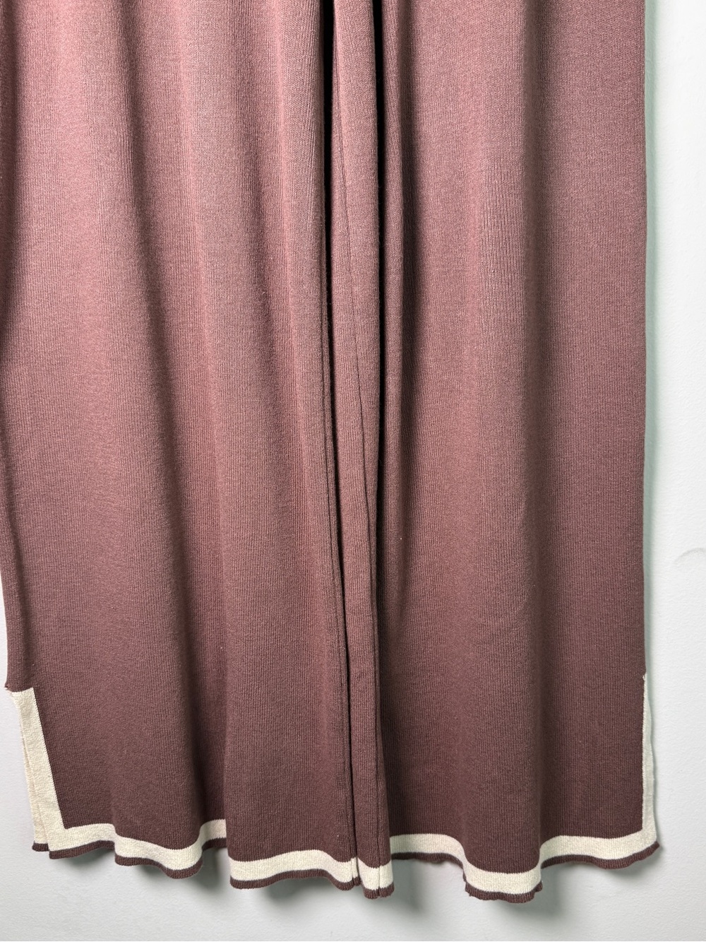 Brown Ribbed Knit Wide Leg Pants Cream Stripe Hem Side Slit Sz S - Picture 4 of 8